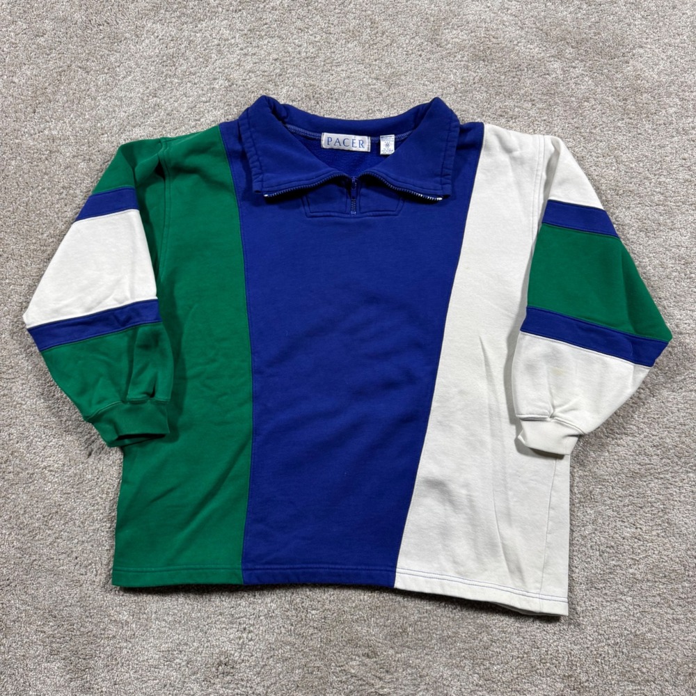 Pacer Vintage Colorblock Quarter Zip Sweatshirt Blue Green White Mens Medium